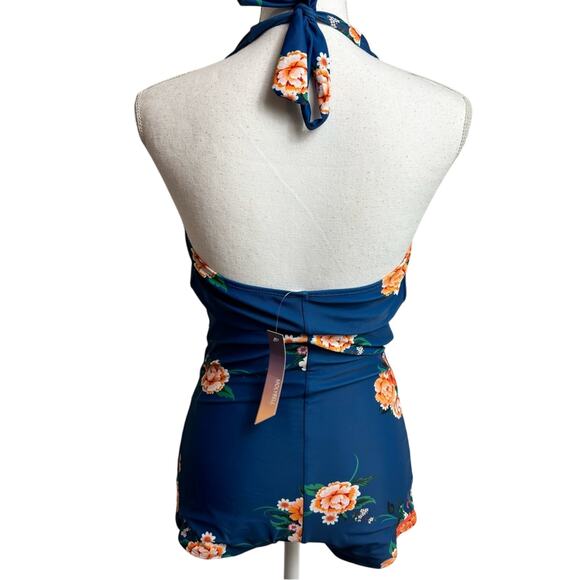 MOLYBELL BLUE FLORAL PRINT ONE PIECE WITH SHORTS SWIMSUIT SIZE LARGE BRAND NEW - Picture 2 of 6